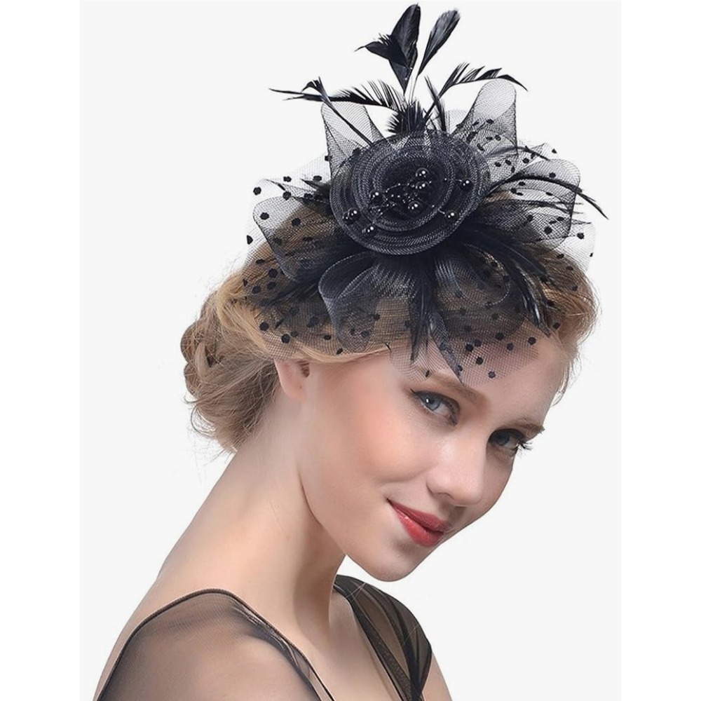 Black Mesh Flower Fascinator Hat Feathers Polka Dot Netting Headband Hair Clip